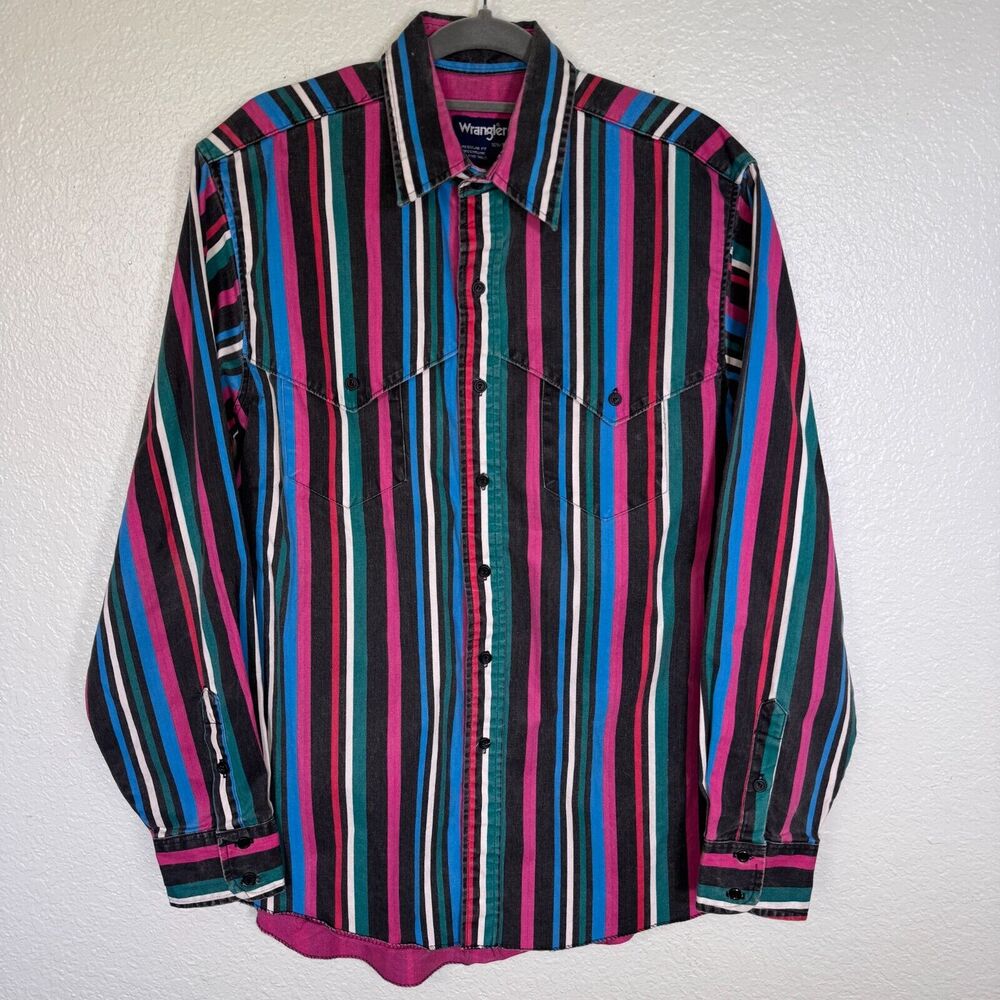 Wrangler Brushpopper Shirt Mens 16.5 X-Long Tails Stripe Button Western Vintage